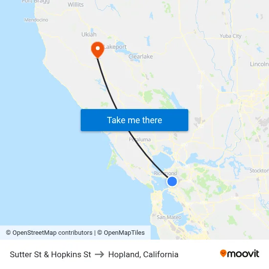 Sutter St & Hopkins St to Hopland, California map