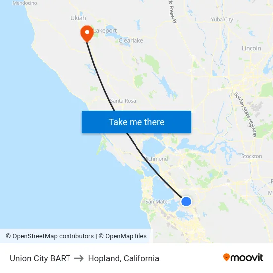Union City BART to Hopland, California map