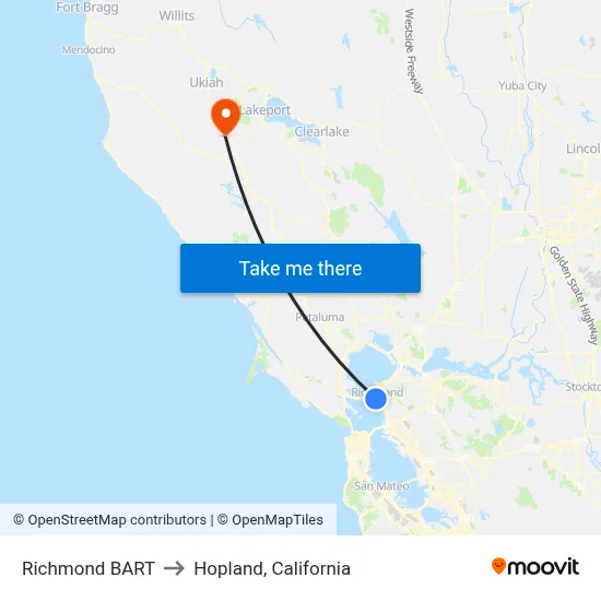 Richmond BART to Hopland, California map