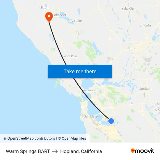 Warm Springs BART to Hopland, California map