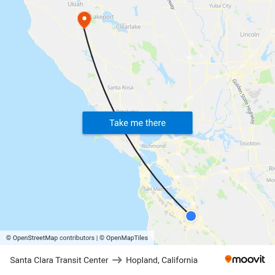 Santa Clara Transit Center to Hopland, California map