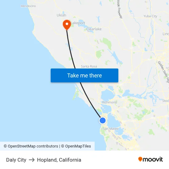 Daly City to Hopland, California map
