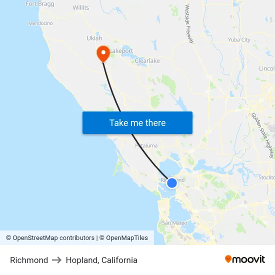Richmond to Hopland, California map