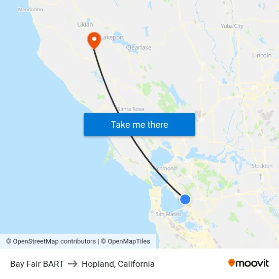 Bay Fair BART to Hopland, California map