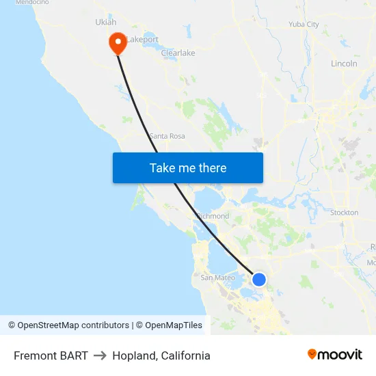 Fremont BART to Hopland, California map