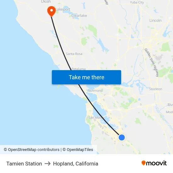 Tamien Station to Hopland, California map