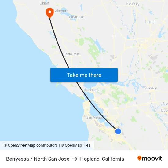 Berryessa / North San Jose to Hopland, California map