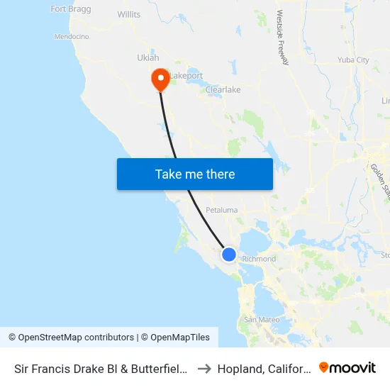 Sir Francis Drake Bl & Butterfield Rd to Hopland, California map