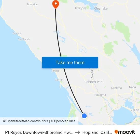 Pt Reyes Downtown-Shoreline Hwy & 3rd St to Hopland, California map