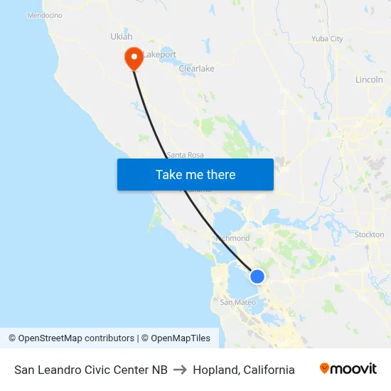 San Leandro Civic Center NB to Hopland, California map