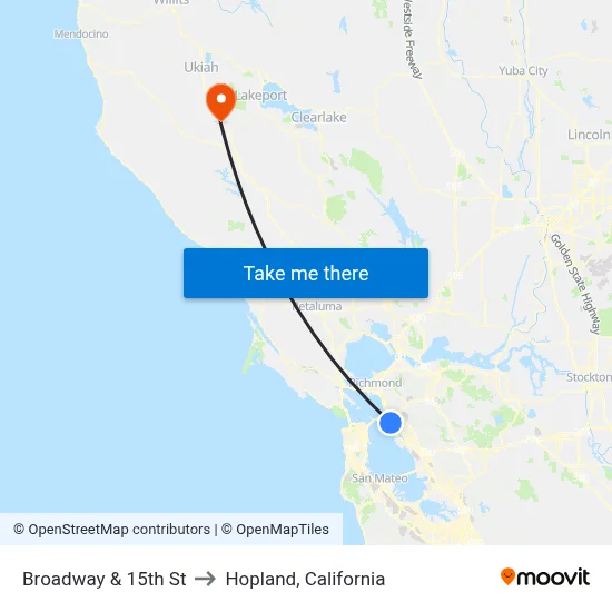 Broadway & 15th St to Hopland, California map