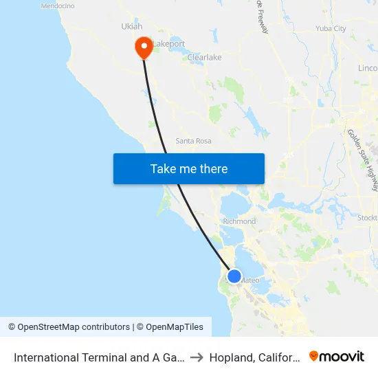 International Terminal and A Gates to Hopland, California map