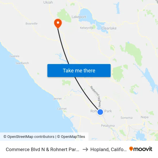 Commerce Blvd N & Rohnert Park Expy to Hopland, California map