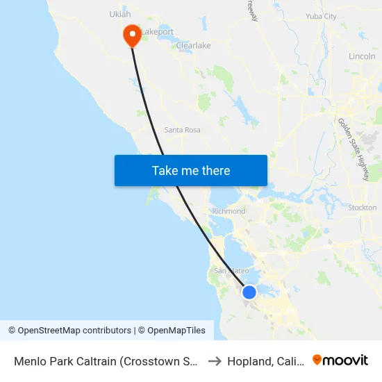Menlo Park Caltrain (Crosstown Shuttle Stop) to Hopland, California map