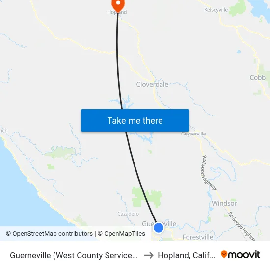 Guerneville (West County Services Center) to Hopland, California map