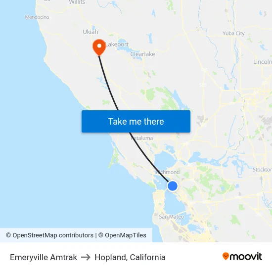 Emeryville Amtrak to Hopland, California map