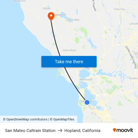 San Mateo Caltrain Station to Hopland, California map