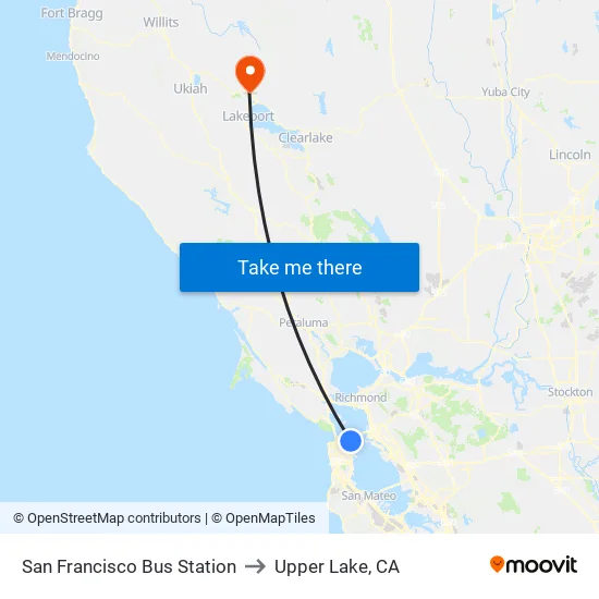 San Francisco Bus Station to Upper Lake, CA map