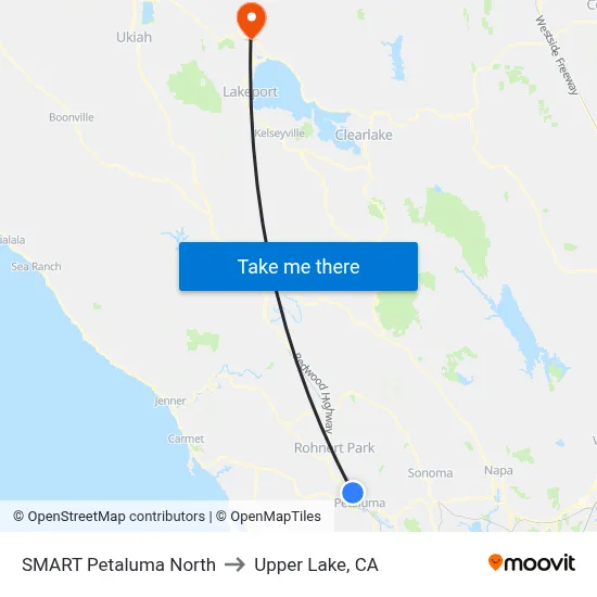 SMART Petaluma North to Upper Lake, CA map