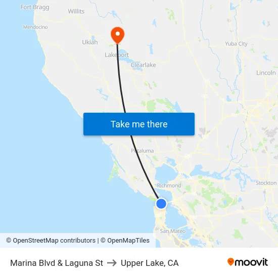 Marina Blvd & Laguna St to Upper Lake, CA map