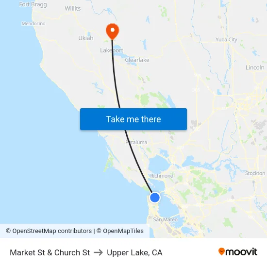 Market St & Church St to Upper Lake, CA map