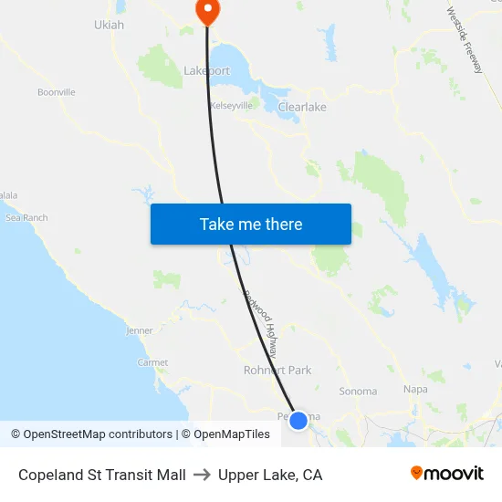 Copeland St Transit Mall to Upper Lake, CA map