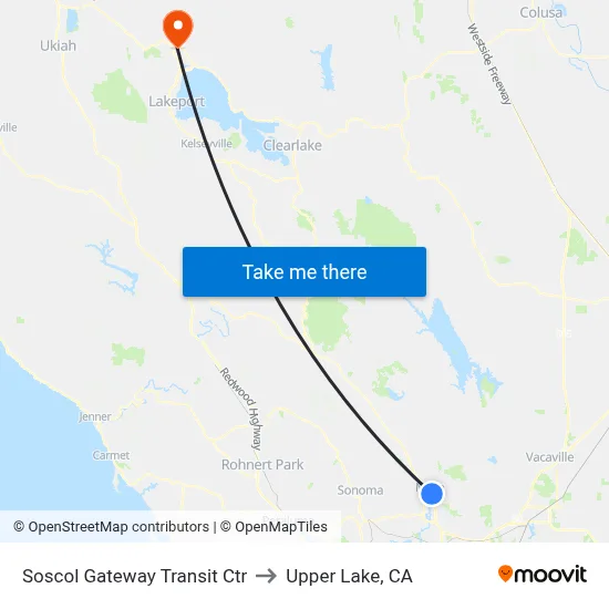 Soscol Gateway Transit Ctr to Upper Lake, CA map