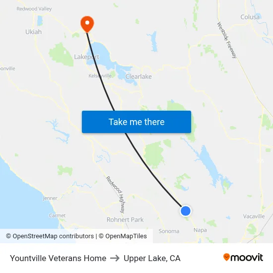 Yountville Veterans Home to Upper Lake, CA map