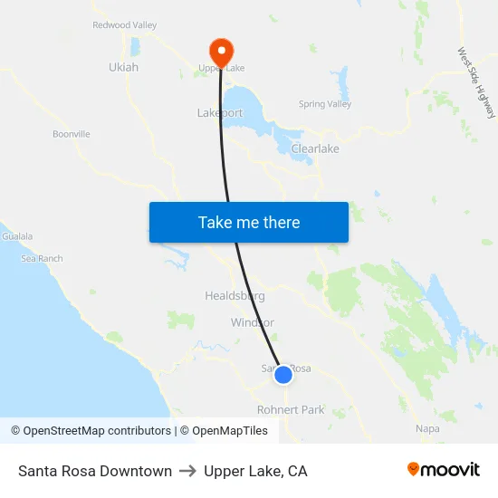 Santa Rosa Downtown to Upper Lake, CA map