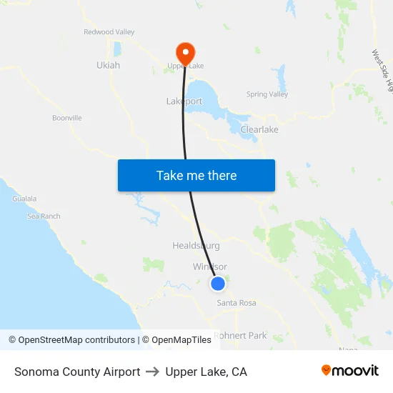Sonoma County Airport to Upper Lake, CA map
