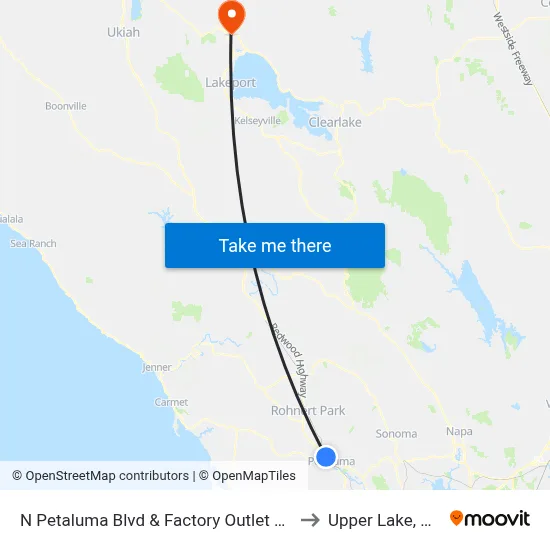 N Petaluma Blvd & Factory Outlet Rd to Upper Lake, CA map