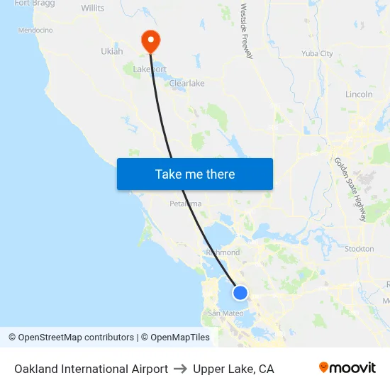 Oakland International Airport to Upper Lake, CA map