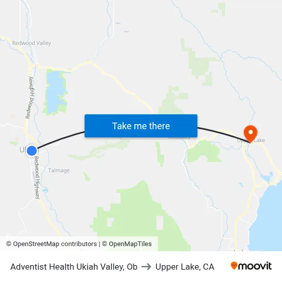 Adventist Health Ukiah Valley, Ob to Upper Lake, CA map