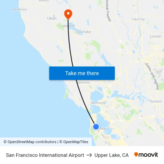 San Francisco International Airport to Upper Lake, CA map