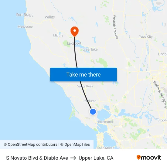 S Novato Blvd & Diablo Ave to Upper Lake, CA map