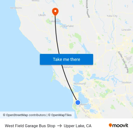 West Field Garage Bus Stop to Upper Lake, CA map