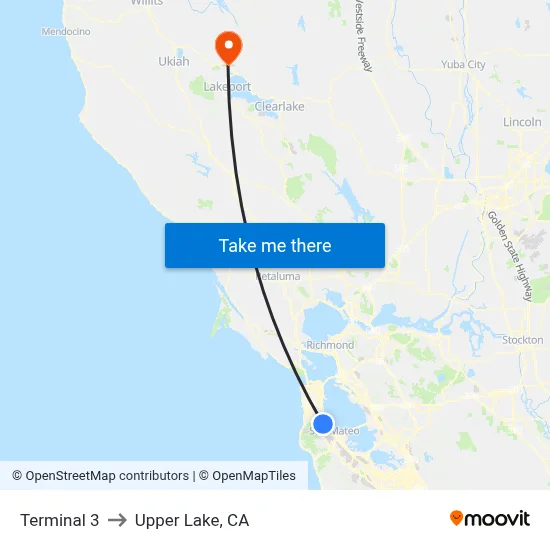 Terminal 3 to Upper Lake, CA map