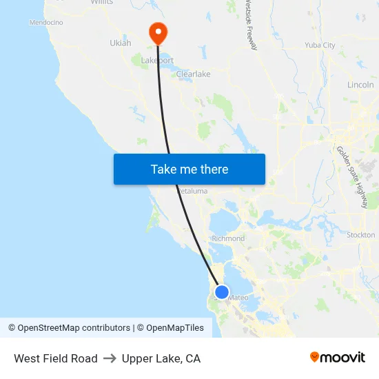 West Field Road to Upper Lake, CA map