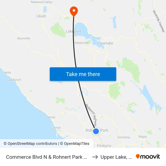 Commerce Blvd N & Rohnert Park Expy to Upper Lake, CA map