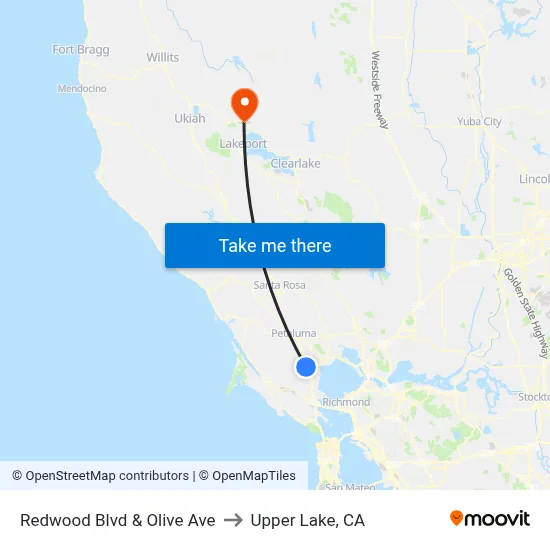 Redwood Blvd & Olive Ave to Upper Lake, CA map