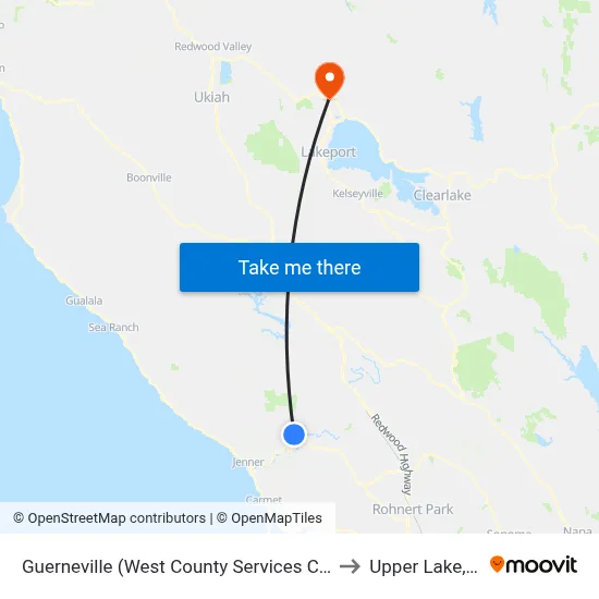 Guerneville (West County Services Center) to Upper Lake, CA map