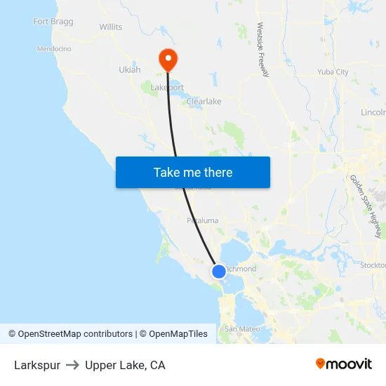 Larkspur to Upper Lake, CA map