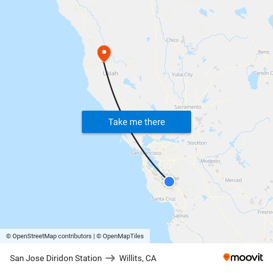 San Jose Diridon Station to Willits, CA map