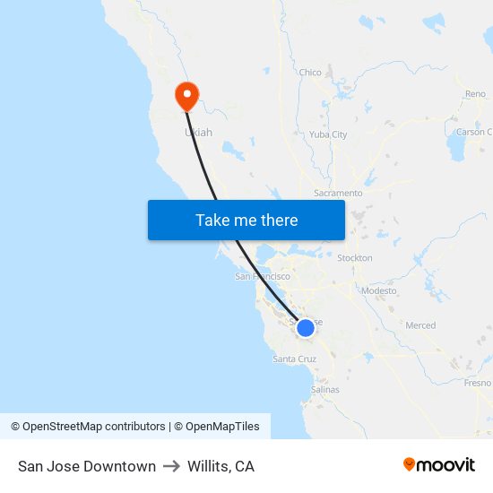 San Jose Downtown to Willits, CA map