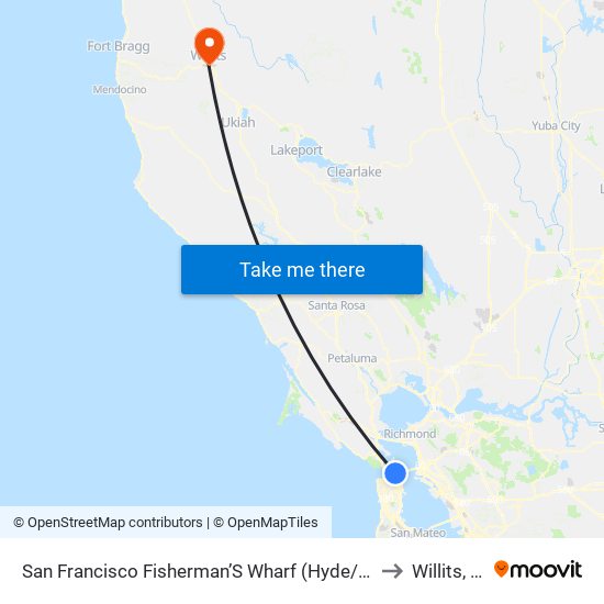 San Francisco Fisherman’S Wharf (Hyde/Beach) to Willits, CA map