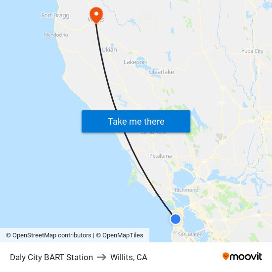 Daly City BART Station to Willits, CA map