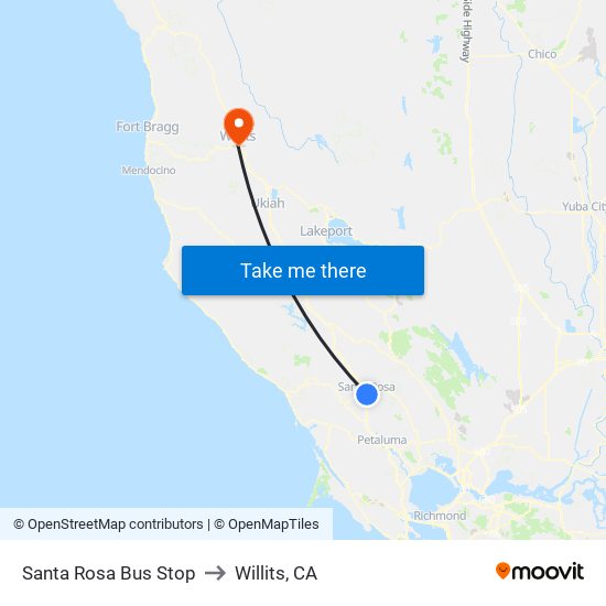 Santa Rosa Bus Stop to Willits, CA map