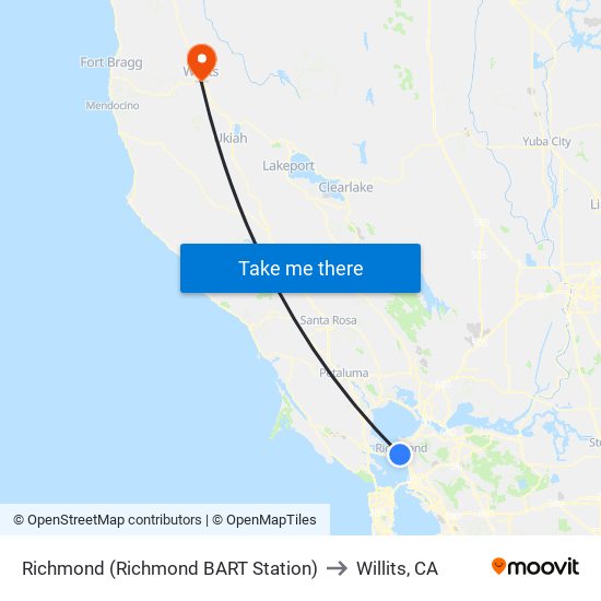 Richmond (Richmond BART Station) to Willits, CA map