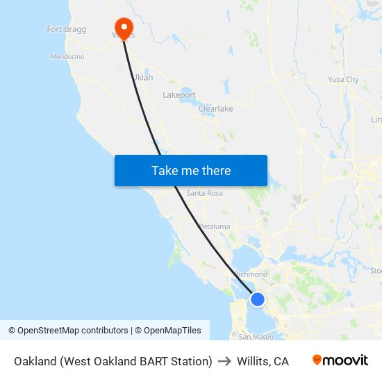 Oakland (West Oakland BART Station) to Willits, CA map