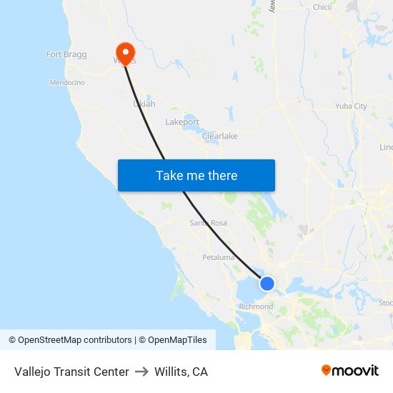 Vallejo Transit Center to Willits, CA map